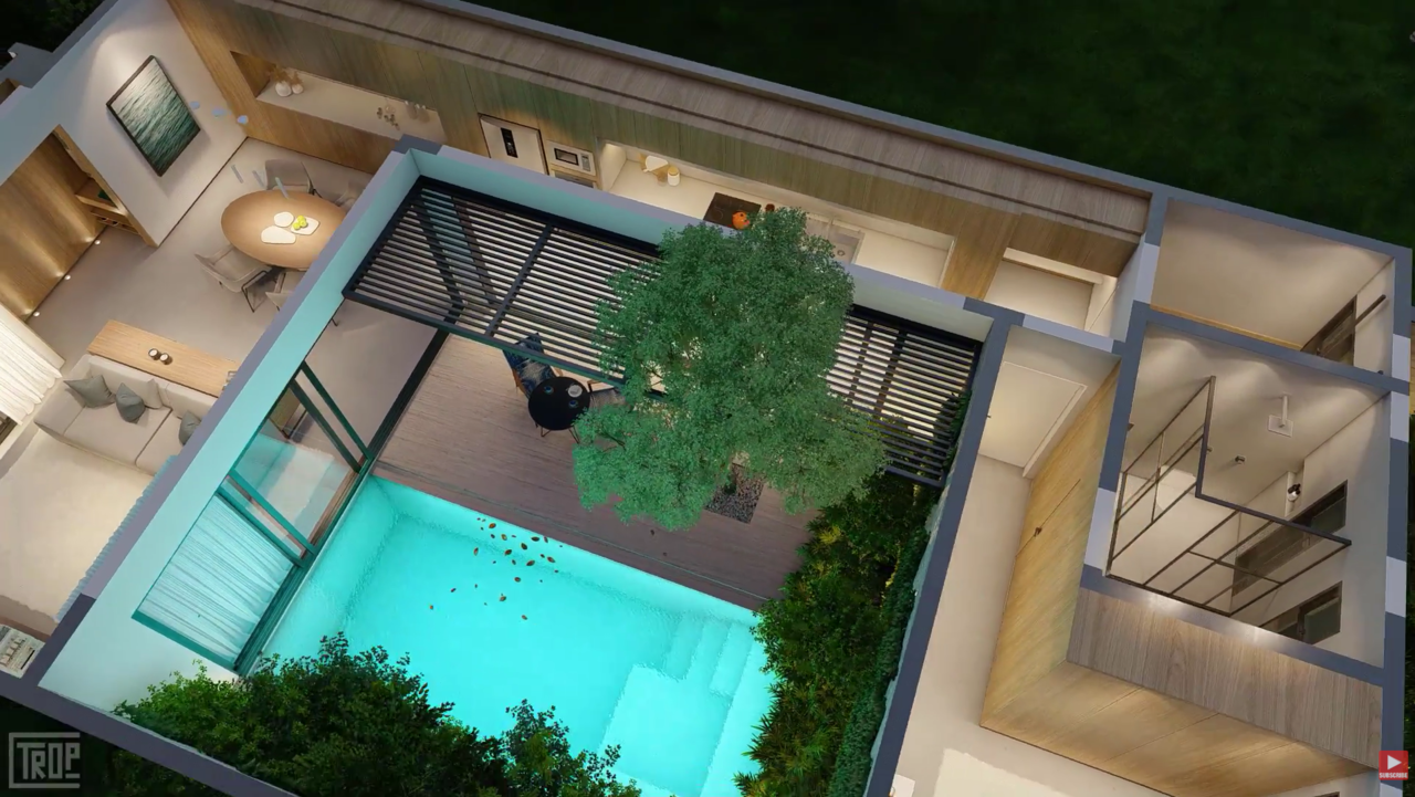 Construção de Tiny House compacta une pátio central, vidro amplo e soluções inteligentes para 40 metros quadrados