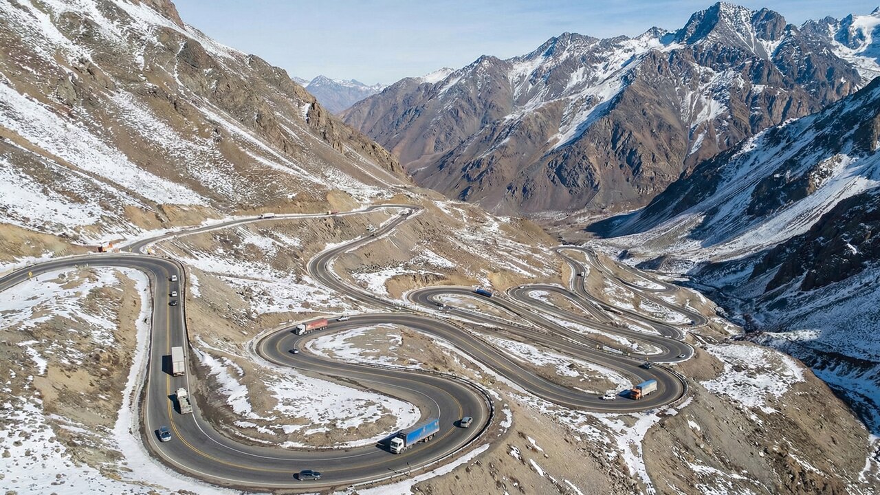 A estrada nos Andes cruza o Chile e a Argentina com 29 curvas em zigue-zague; a Los Libertadores atinge 3.200m de altitude em um caminho de neve