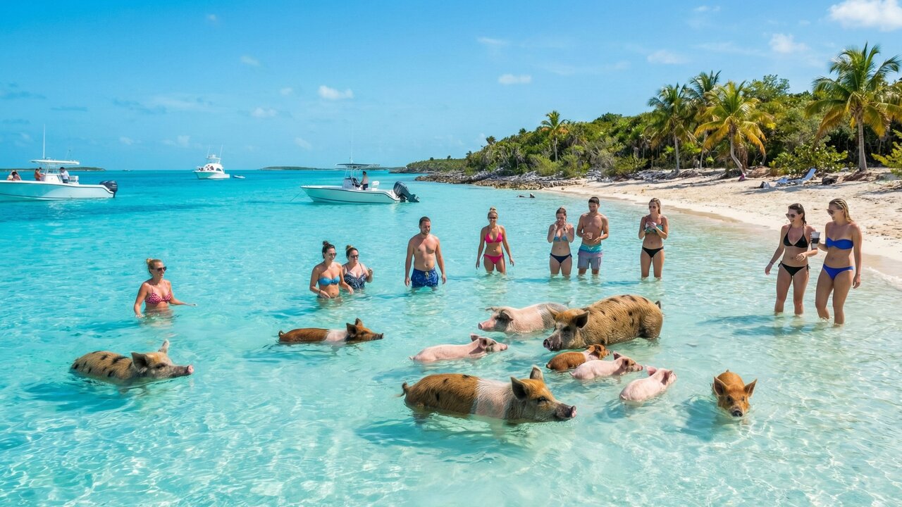 A ilha dos porcos nadadores: o destino caribenho onde você entra no mar ao lado de animais inusitados