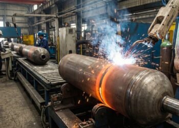 Uma chapa de aço de 3mm é prensada por uma força de 800 toneladas para criar o botijão de gás