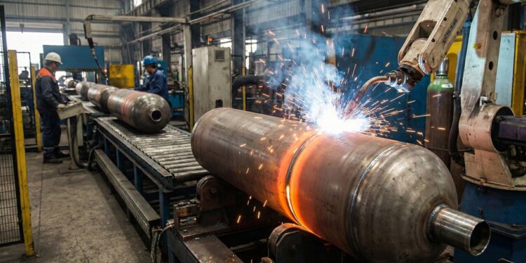 Uma chapa de aço de 3mm é prensada por uma força de 800 toneladas para criar o botijão de gás