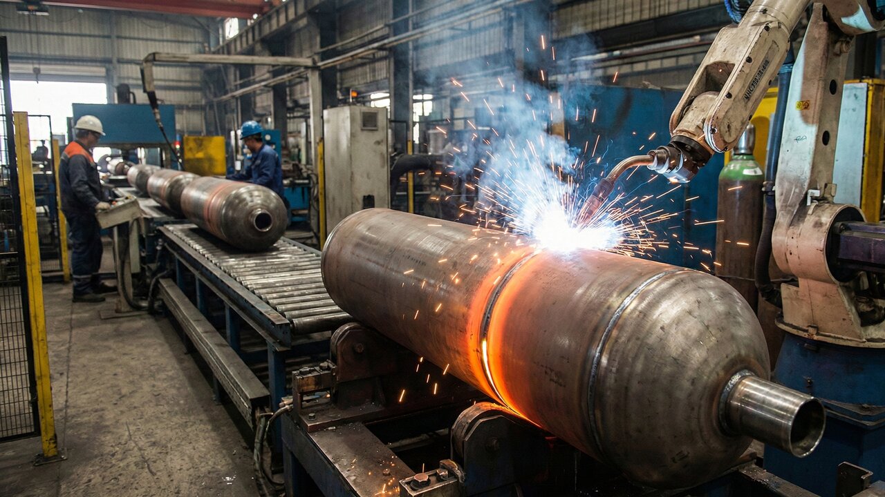 Uma chapa de aço de 3mm é prensada por uma força de 800 toneladas para criar o botijão de gás