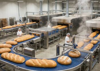 Nesta fábrica, uma linha de produção gigante transforma toneladas de massa em 20.000 pães por hora