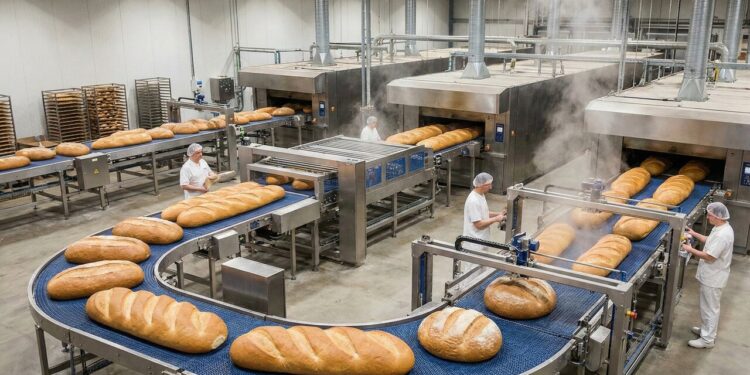 Nesta fábrica, uma linha de produção gigante transforma toneladas de massa em 20.000 pães por hora
