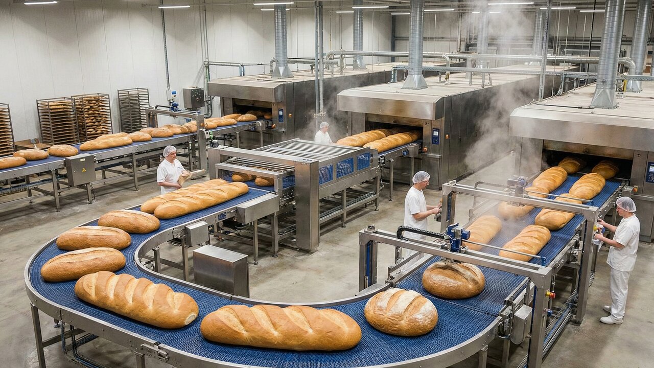 Nesta fábrica, uma linha de produção gigante transforma toneladas de massa em 20.000 pães por hora