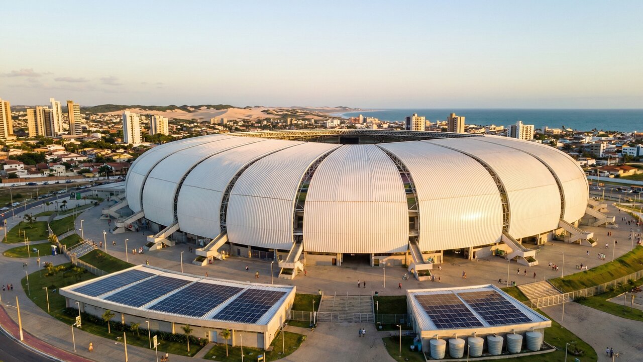 Com suas pétalas metálicas inspiradas nas dunas de areia, a arena virou um ícone de arquitetura e sustentabilidade em Natal