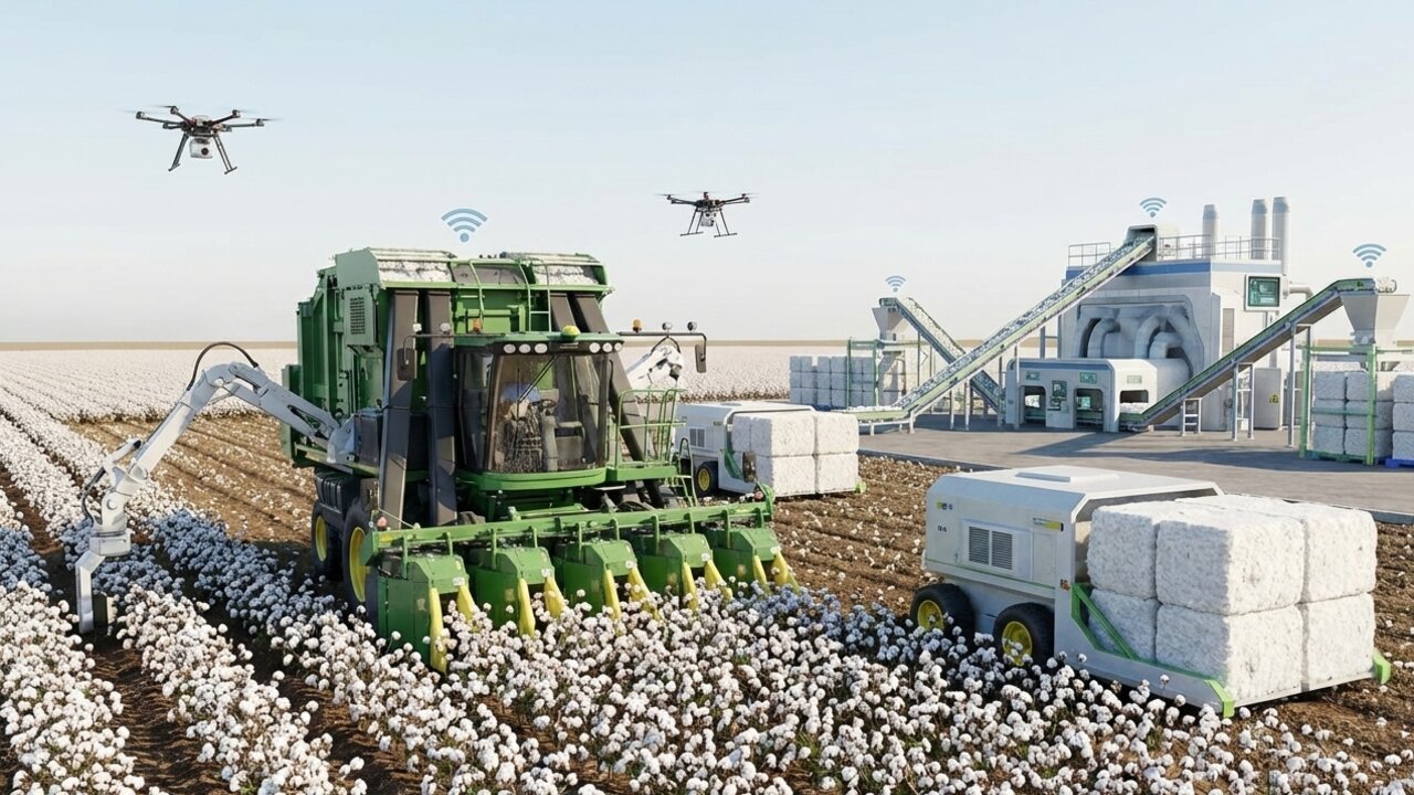 Máquinas colossais colhem toneladas de algodão em minutos: a incrível jornada da planta até a sua roupa