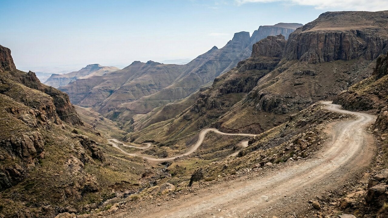 A passagem no Lesoto atinge 3.500m de altitude; com 9 km de cascalho e abismos, a Sani Pass só pode ser vencida por veículos 4x4
