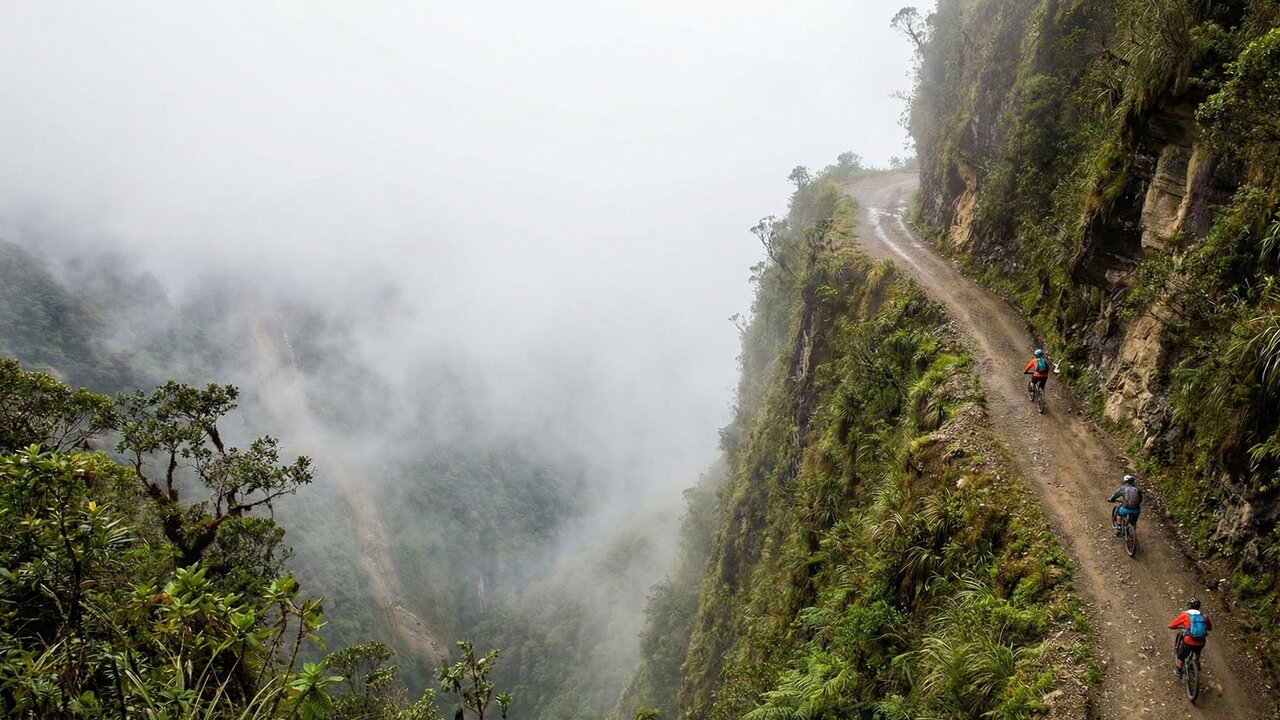 A estrada na Bolívia desce 3.600m entre precipícios e nevoeiro; a Rodovia das Yungas é conhecida como a mais perigosa do mundo para motoristas