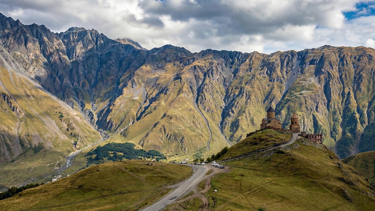 A rodovia na Geórgia sobe a 2.379m pelo Cáucaso; a Estrada Militar é uma rota histórica que une o país à fronteira russa através de montanhas