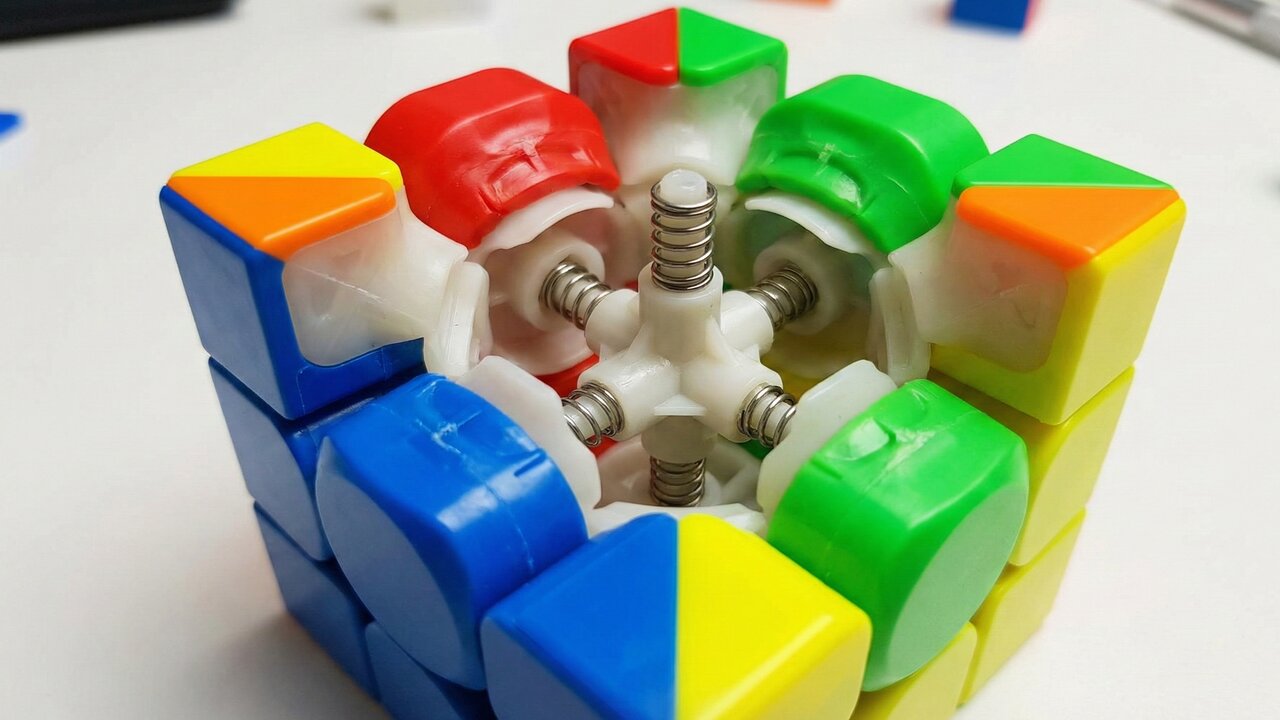 Com 26 peças de plástico injetado sobre um núcleo de nylon, a indústria fabrica o cubo mágico que permite giros precisos em milissegundos
