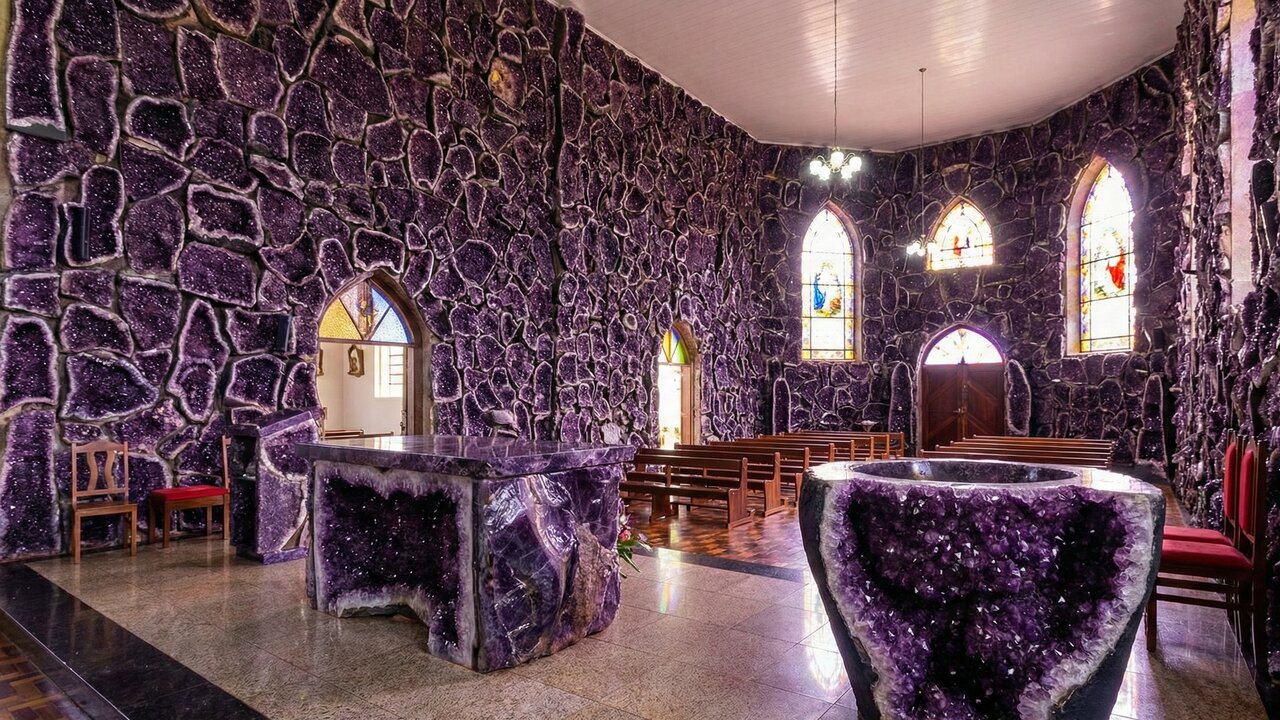 Paredes de pedra preciosa: a cidade no sul do Brasil onde a igreja é revestida com 40 toneladas de ametista