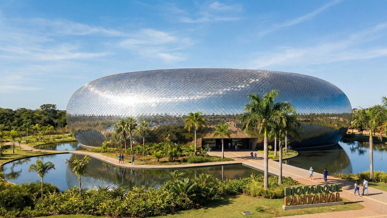 Com sua forma elíptica e escamas de metal, a estrutura virou o maior aquário de água doce do mundo e um ícone de Campo Grande