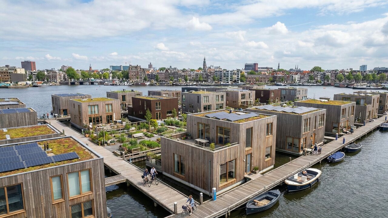 À prova de enchentes, esta aldeia flutuante na Holanda sobe com o nível do mar e gera sua própria energia