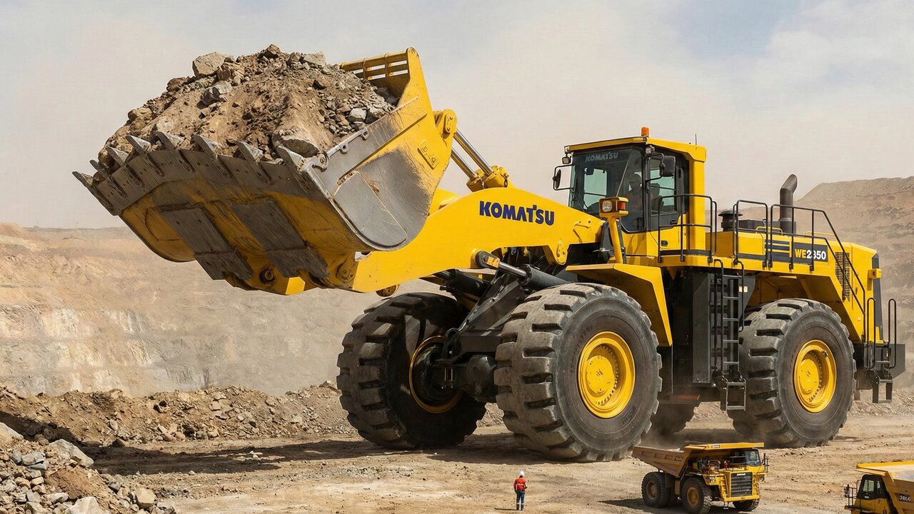 Capaz de erguer 72 toneladas de uma só vez, o titã de 2.300 cavalos com pneus de 4 metros é a maior pá carregadeira do mundo