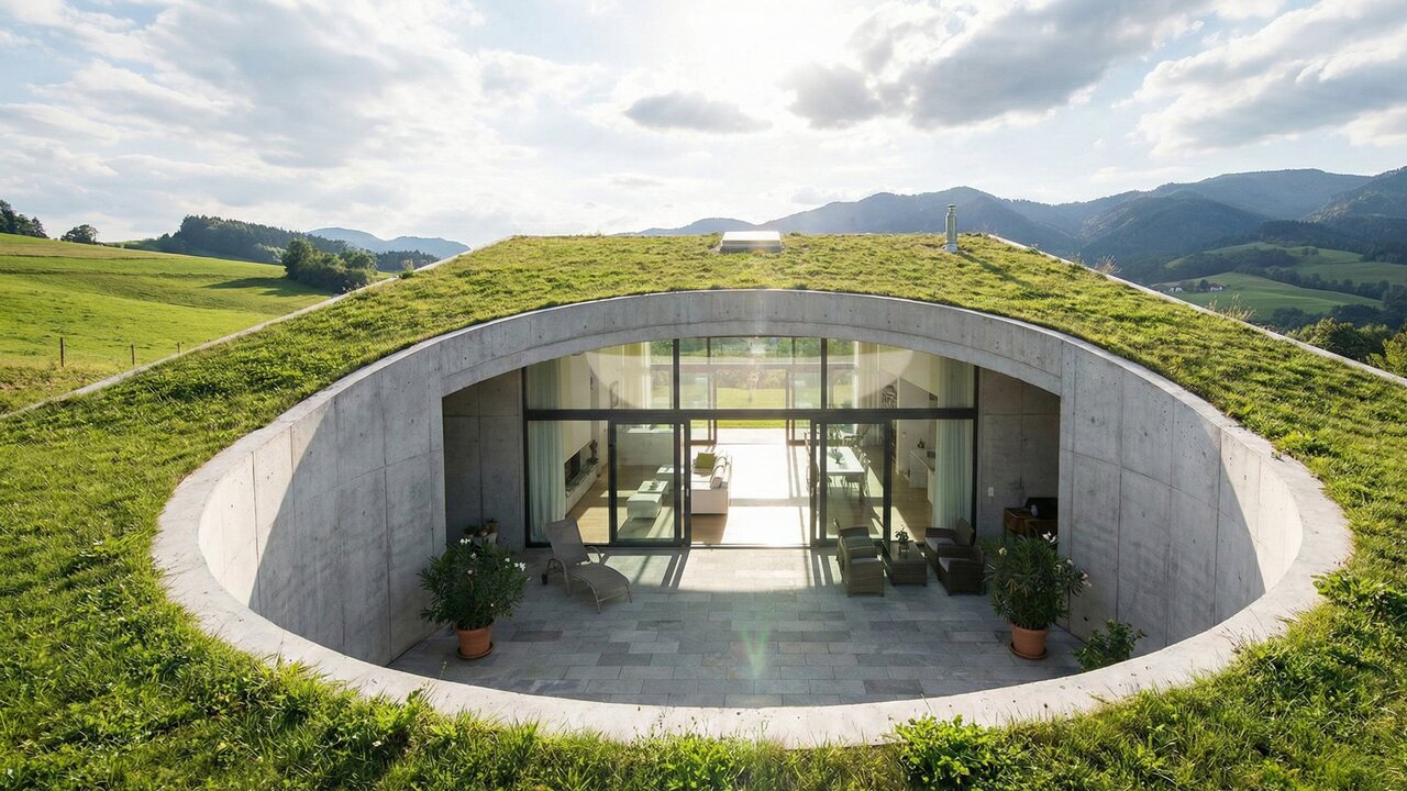 Escondida nos Alpes, esta mansão subterrânea se camufla na montanha e usa um pátio secreto para captar a luz do sol