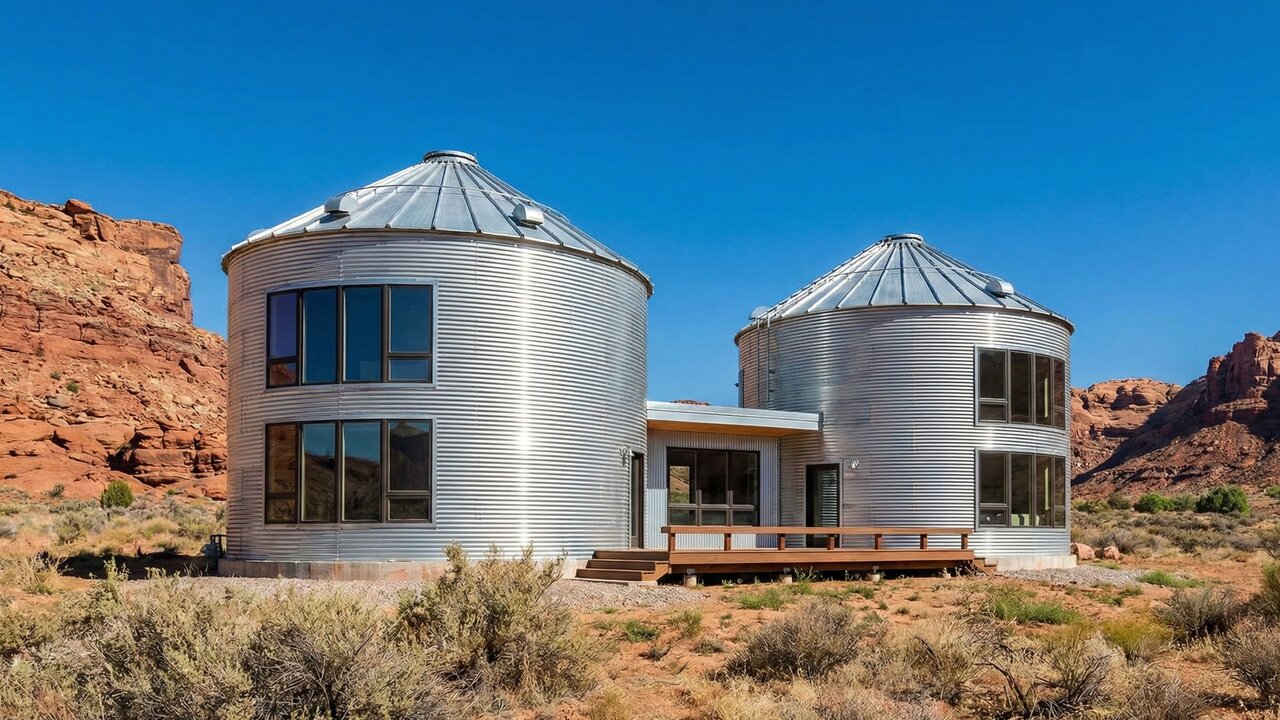 Eles transformaram dois silos de grãos em uma casa futurista de 170 metros quadrados em Utah, criando um lar de luxo circular com isolamento térmico perfeito.