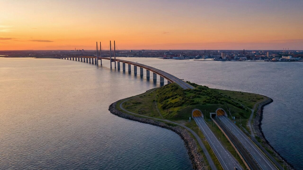 Com 16 km entre Dinamarca e Suécia, a ponte de Øresund mergulha sob o mar em um túnel para criar uma ilha artificial de 4 km em pleno estreito