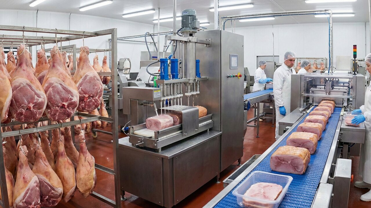 Com injeção de salmoura e cozimento lento a setenta e cinco graus, é assim que a perna do porco vira o presunto fatiado que você consome