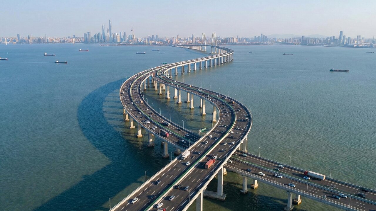 Com 36 km de comprimento e traçado em formato de S, a ponte da Baía de Hangzhou na China reduziu em 120 km o trajeto entre Xangai e Ningbo