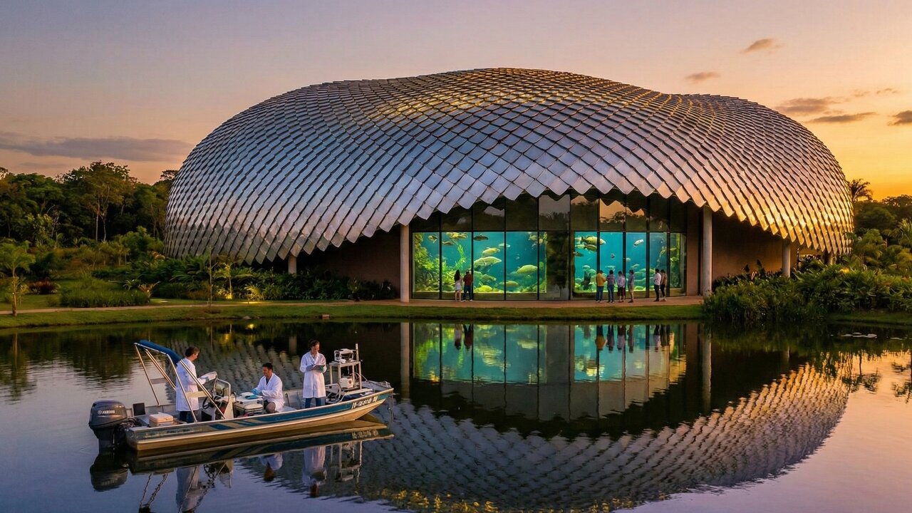 Com sua forma elíptica e escamas de metal, a estrutura virou o maior aquário de água doce do mundo e um ícone de Campo Grande