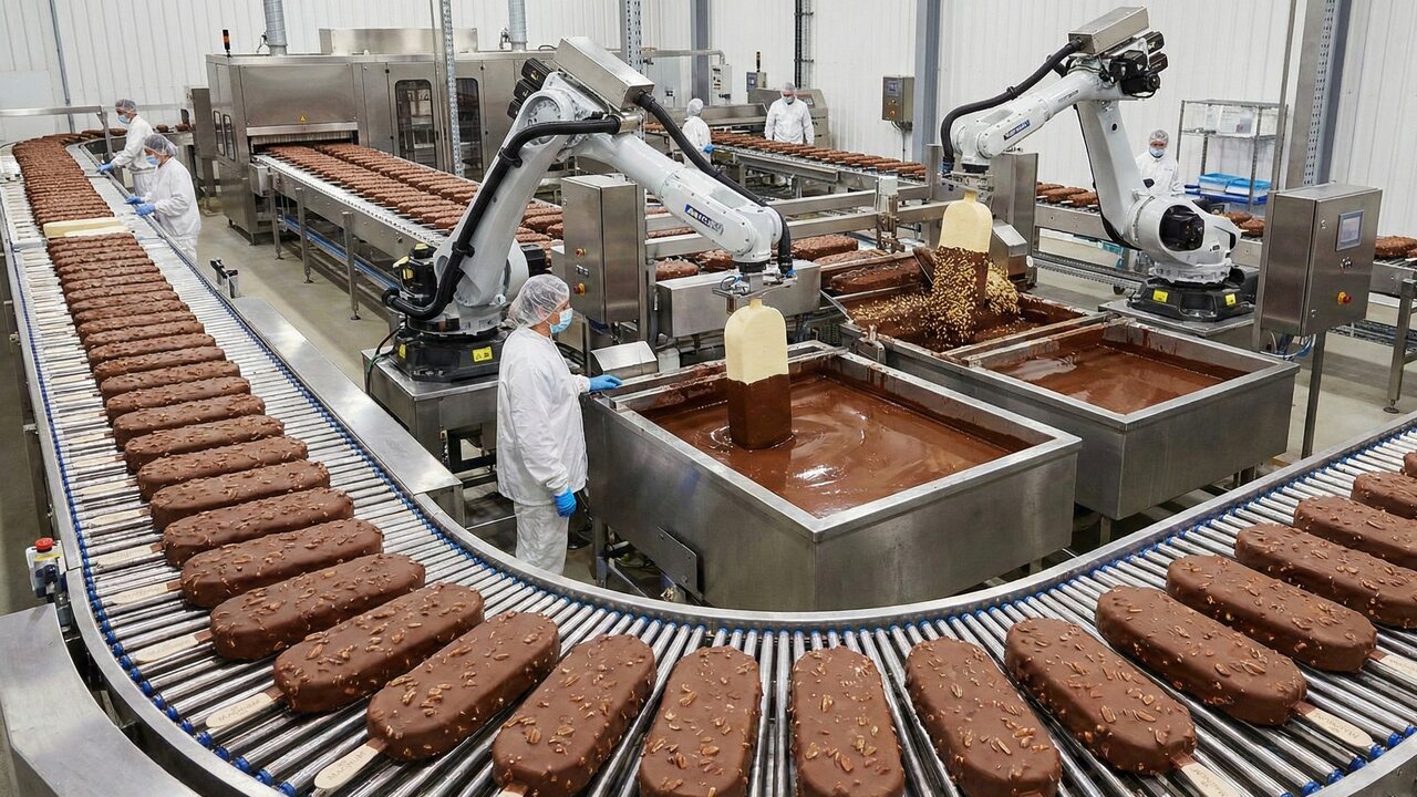 Com milhões de litros de sorvete e uma cascata de chocolate belga: é assim que o picolé mais famoso do mundo é feito