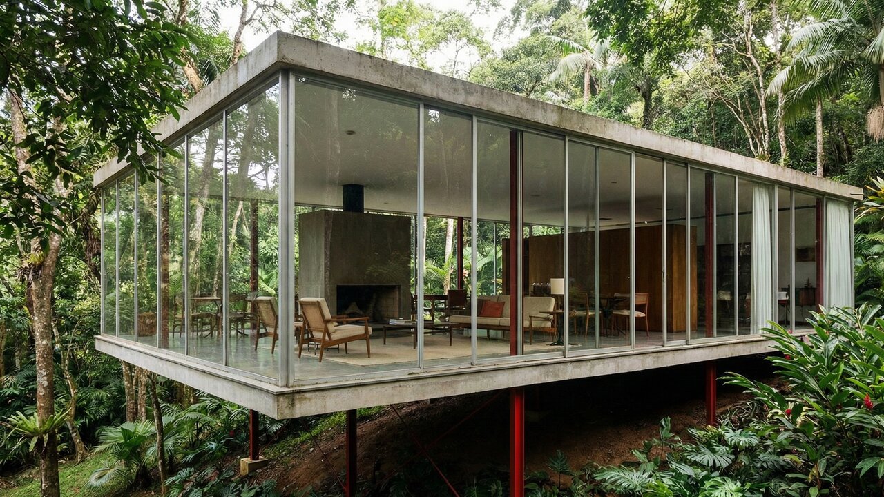 Com suas paredes de vidro e pilotis finos, a estrutura modernista parece flutuar e se integra perfeitamente à Mata Atlântica