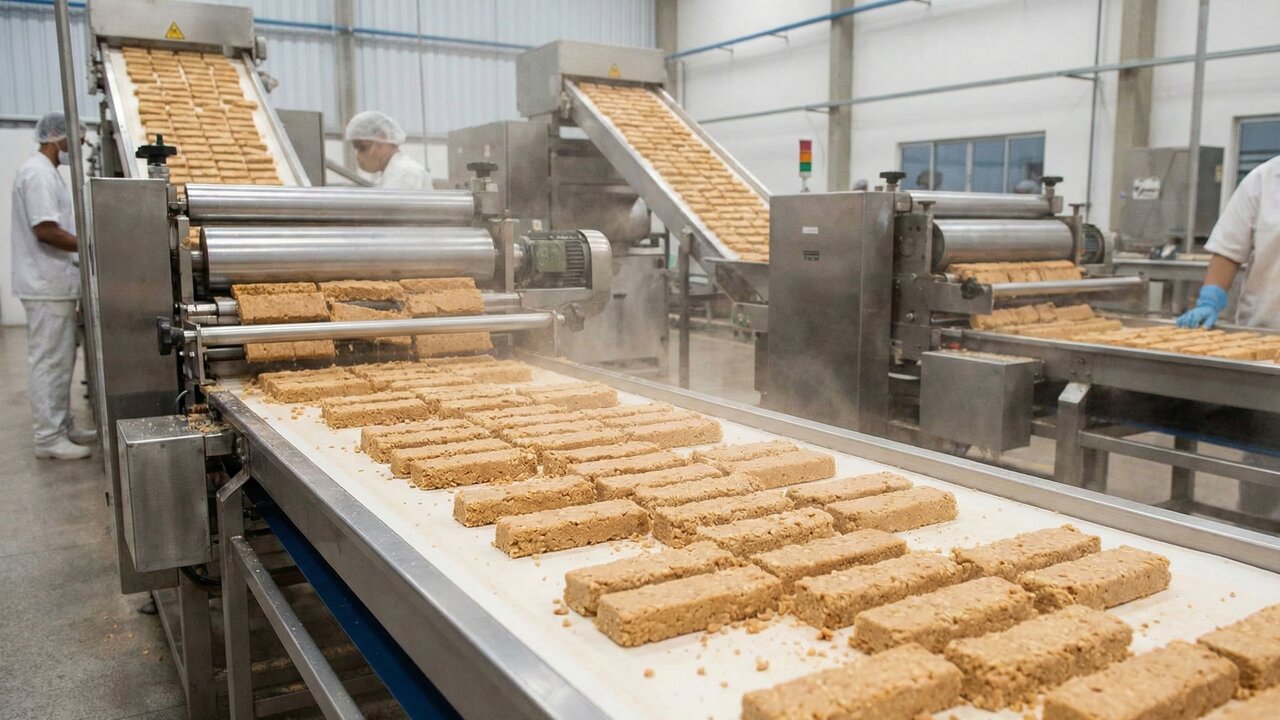 Com amendoim torrado moído com açúcar e sal prensados a alta pressão é assim que a indústria fabrica a paçoquinha que derrete na boca