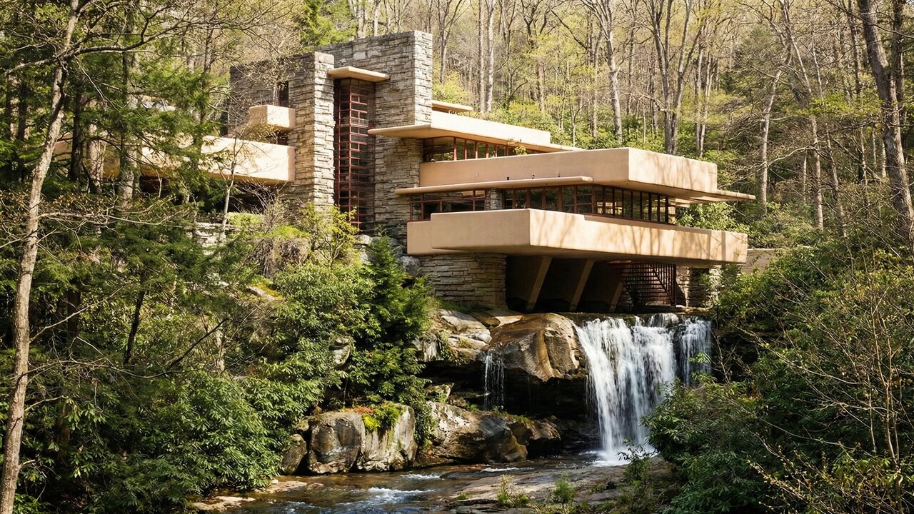 Essa obra desafiou a engenharia ao ser construída sobre uma queda d'água ativa na Pensilvânia tornando-se o maior ícone da arquitetura mundial