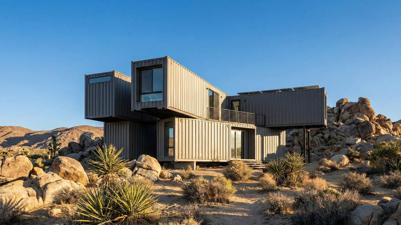 Eles usaram contentores navais velhos para criar uma mansão de luxo no deserto da Califórnia que explode em várias direções para captar a luz do sol