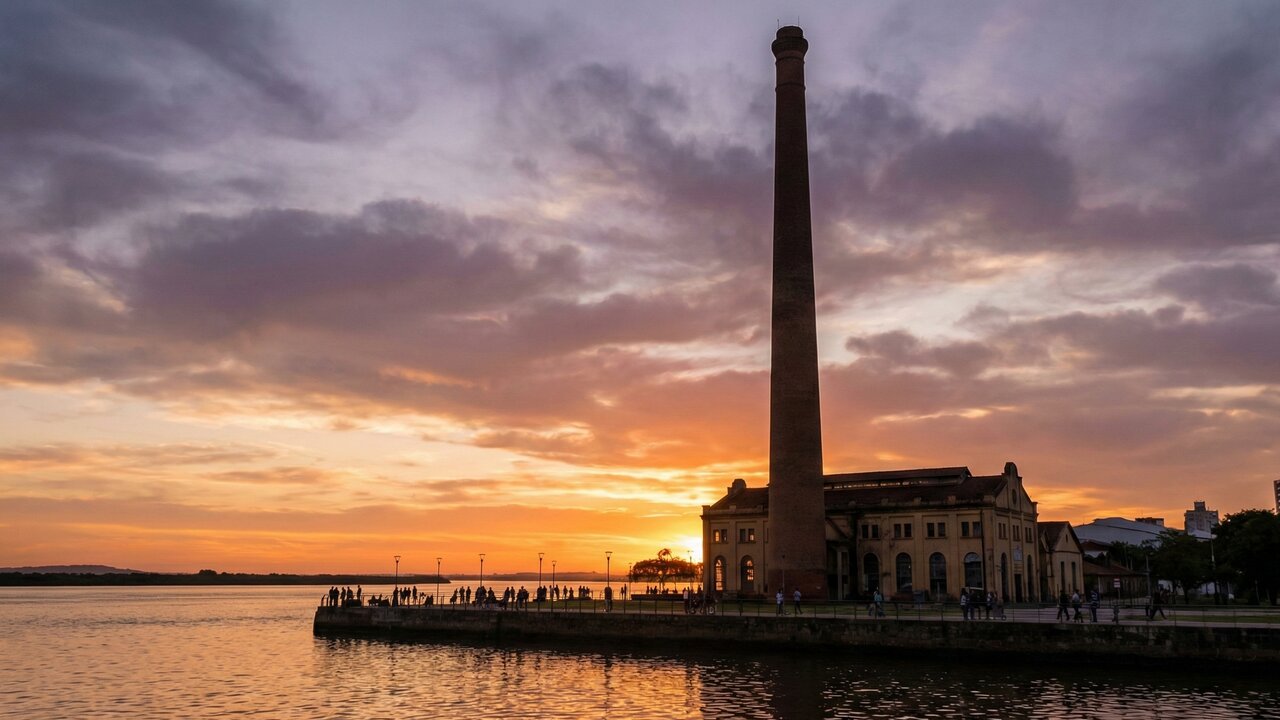 Com sua chaminé monumental de 117 metros de altura, a usina de 1928 tornou-se o maior centro cultural e o símbolo do pôr do sol em Porto Alegre