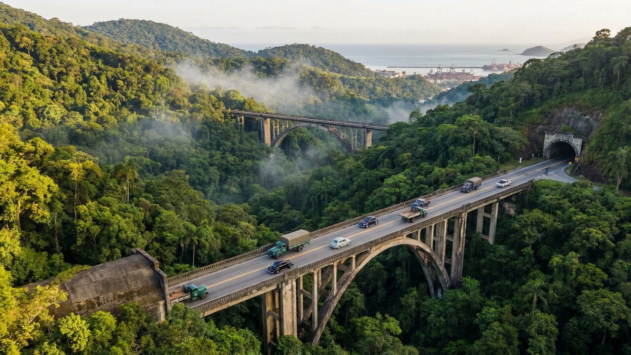 Rodovia histórica ganha fama por sua engenharia na Serra do Mar; são 53 viadutos e 11 túneis vencendo a Mata Atlântica em um trajeto ousado