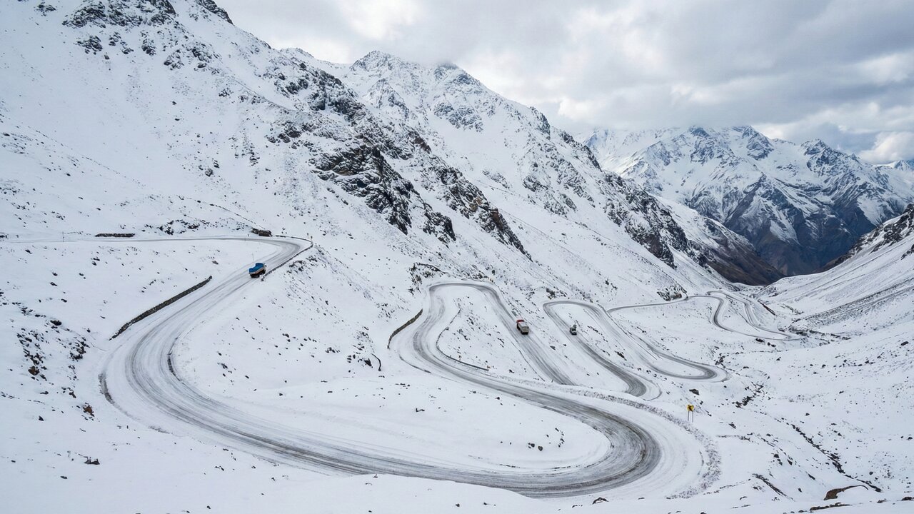A estrada serpenteia os Andes a 3.200m de altitude; com 29 curvas fechadas, a Los Caracoles é coberta de neve e um desafio para motoristas