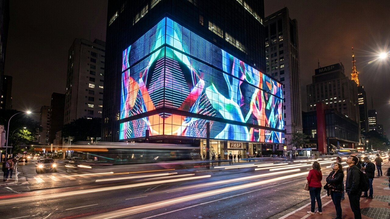 Com sua fachada piramidal e 26 mil clusters de LED, a estrutura virou a maior galeria de arte digital da América Latina na Av. Paulista.