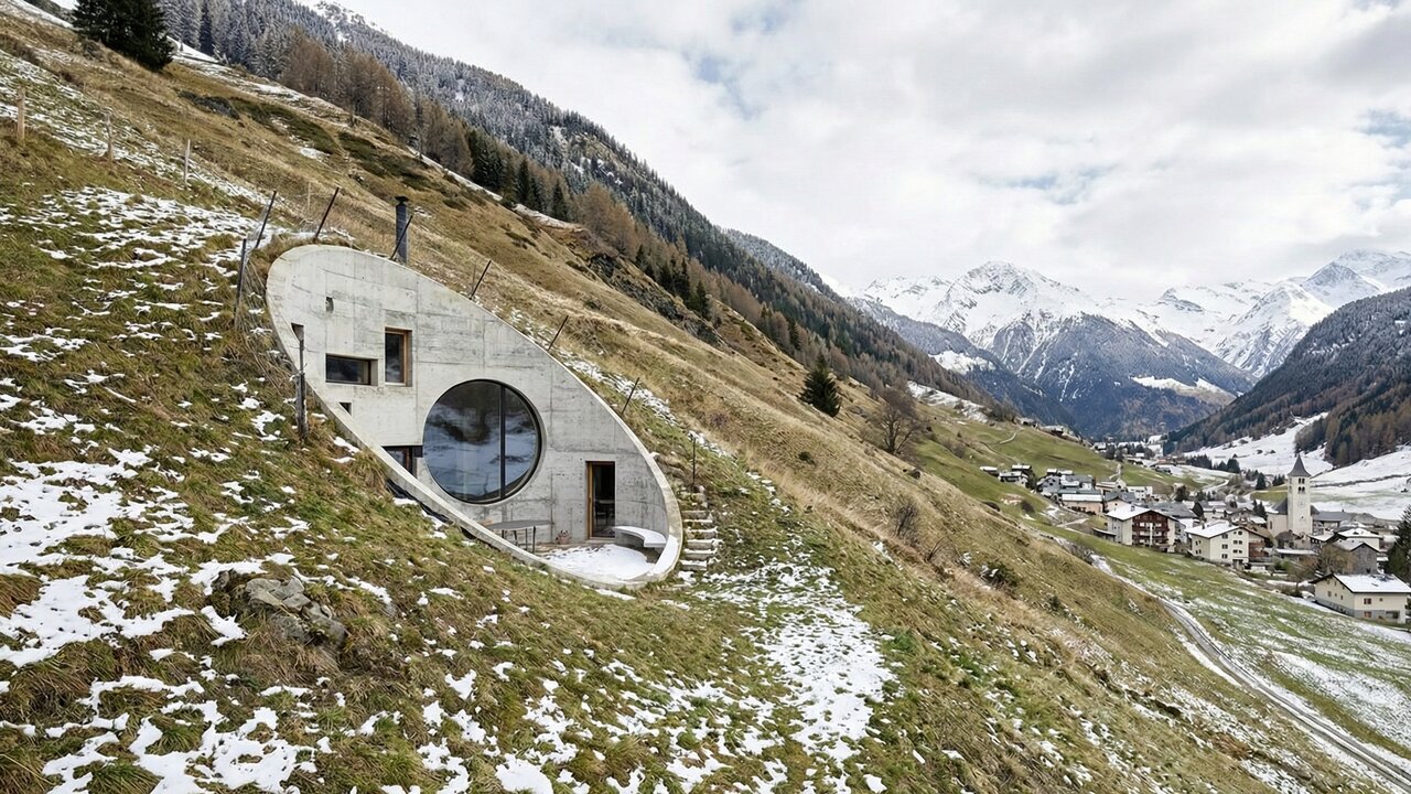 Escondida nos Alpes, esta mansão subterrânea se camufla na montanha e usa um pátio secreto para captar a luz do sol