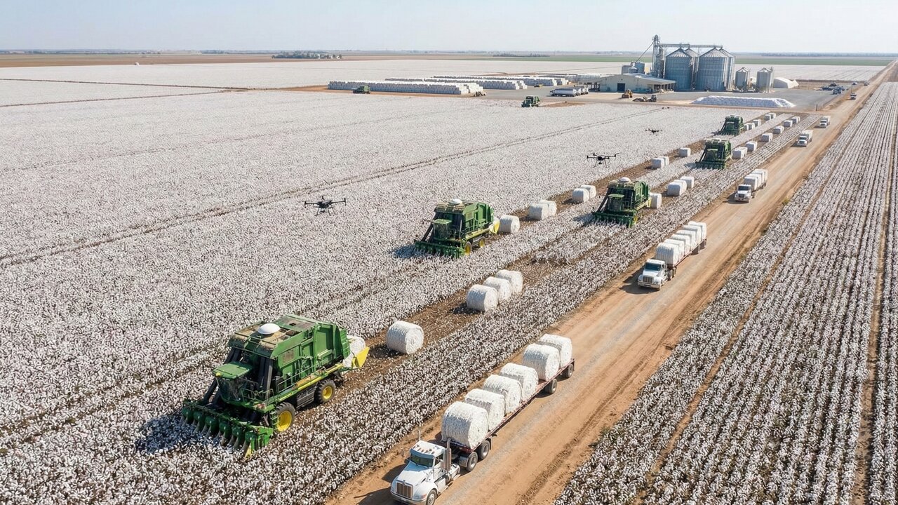 Máquinas colossais colhem toneladas de algodão em minutos: a incrível jornada da planta até a sua roupa