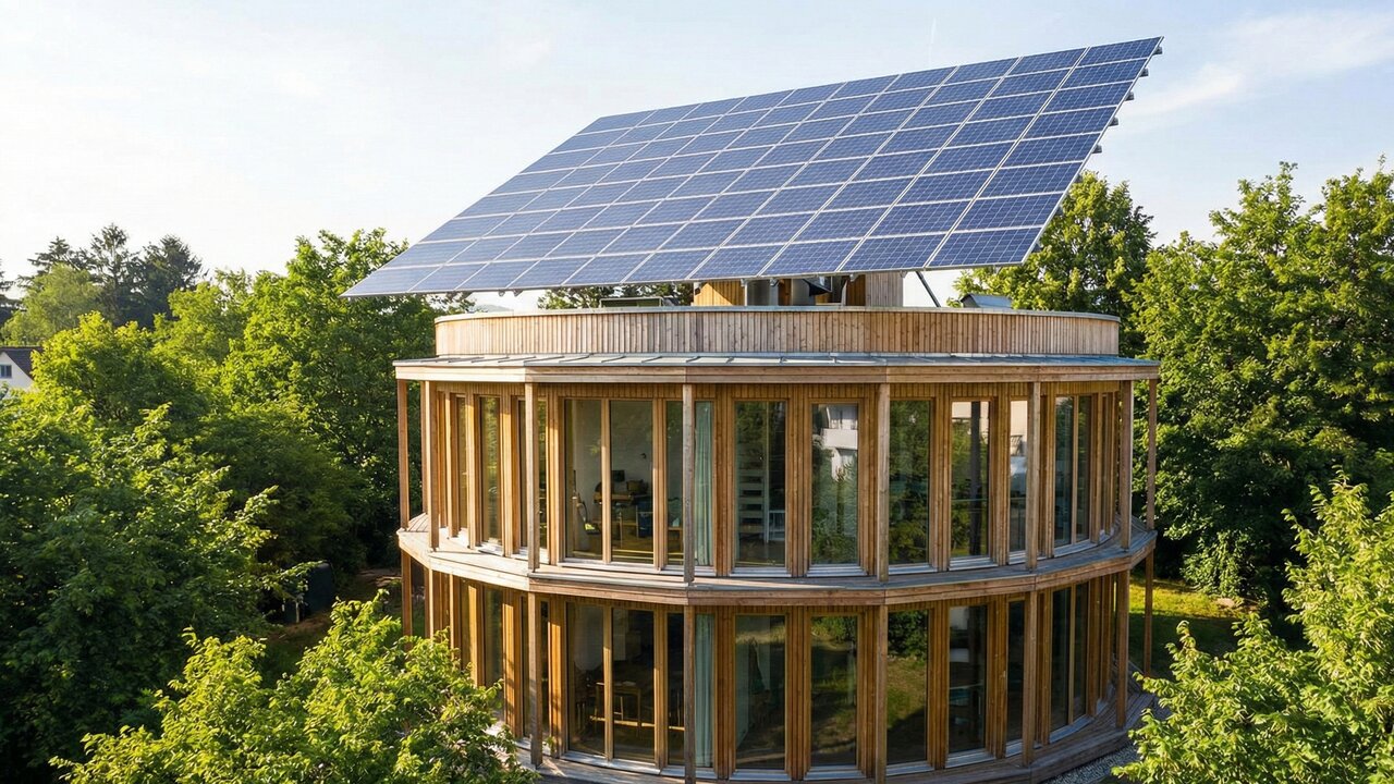 Com um eixo central que gira 360 graus para seguir o sol, a casa alemã gera até cinco vezes mais energia do que consome e elimina o gasto elétrico