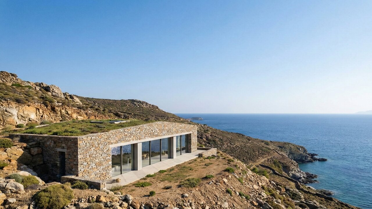 Com sua fachada única voltada para o mar e 360 metros quadrados sob o solo da ilha de Serifos, a estrutura usa a terra como isolante térmico natural na Grécia