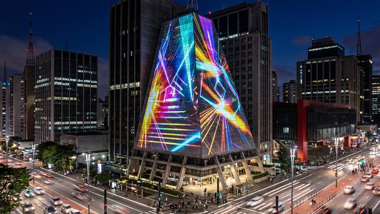 Com sua fachada piramidal e 26 mil clusters de LED, a estrutura virou a maior galeria de arte digital da América Latina na Av. Paulista.
