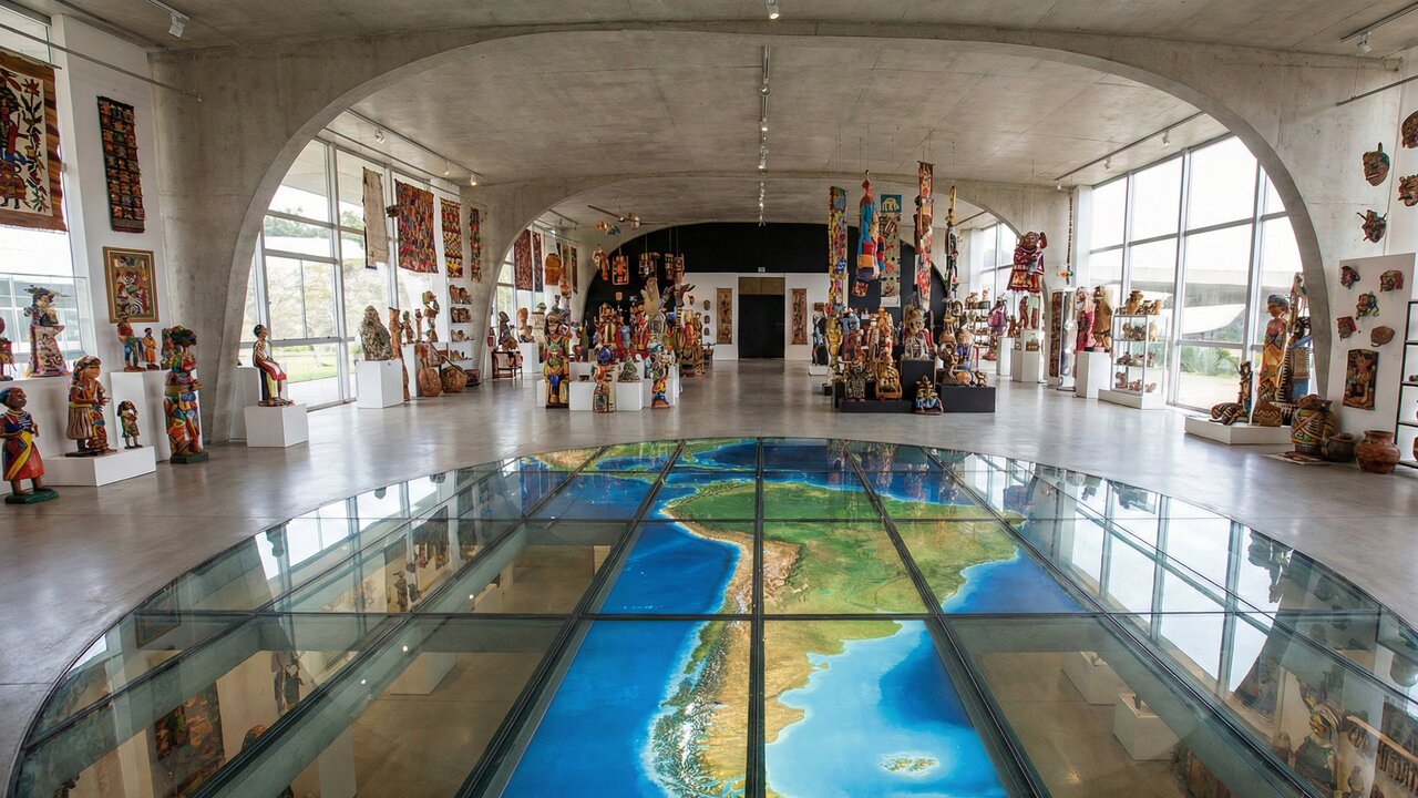 Com seu mapa sob piso de vidro e 4 mil peças de arte, o Pavilhão da Criatividade de Niemeyer virou o maior centro de arte popular da América Latina