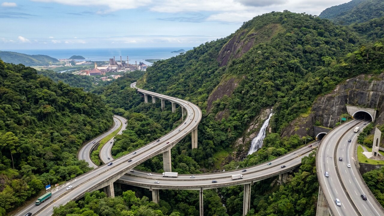 Rodovia histórica ganha fama por sua engenharia na Serra do Mar; são 53 viadutos e 11 túneis vencendo a Mata Atlântica em um trajeto ousado