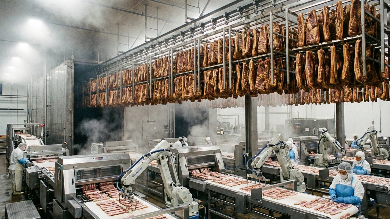 Com toneladas de barriga de porco e um lento processo de cura e defumação: é assim que o bacon é feito em escala industrial