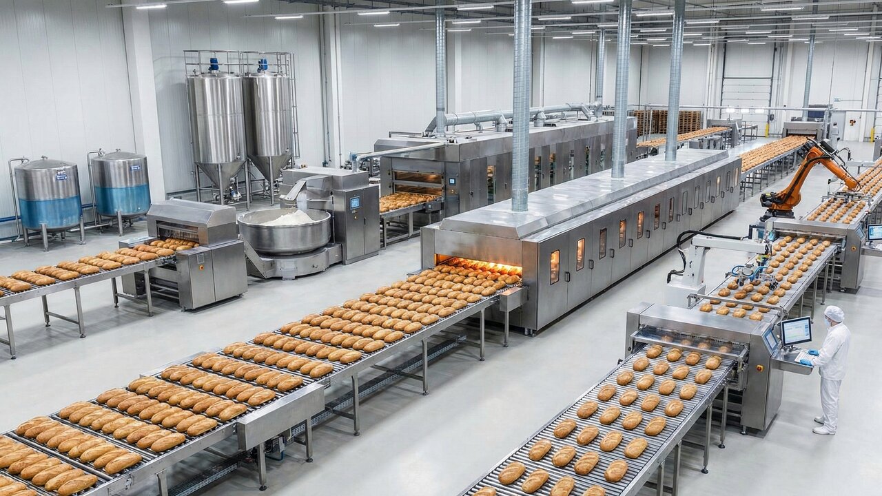 Nesta fábrica, uma linha de produção gigante transforma toneladas de massa em 20.000 pães por hora