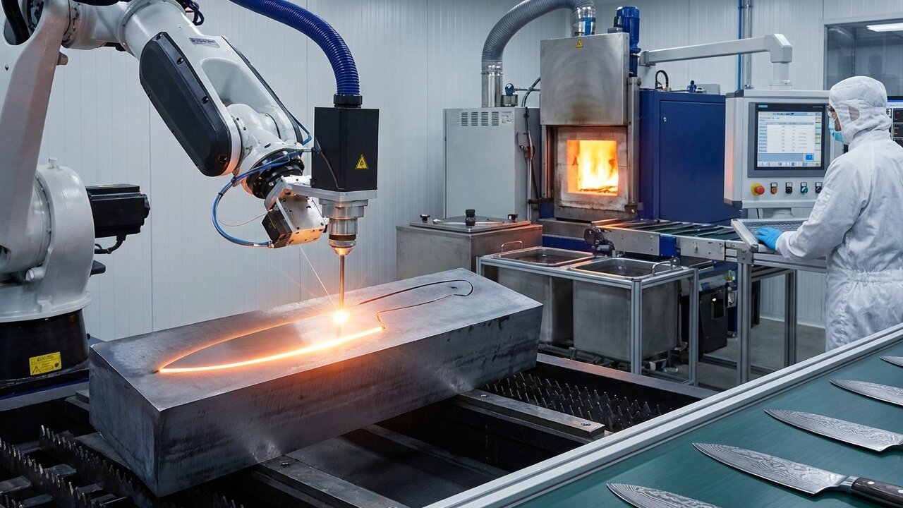 O aço é aquecido a 1.200°C e dobrado dezenas de vezes para criar as facas mais afiadas do mundo