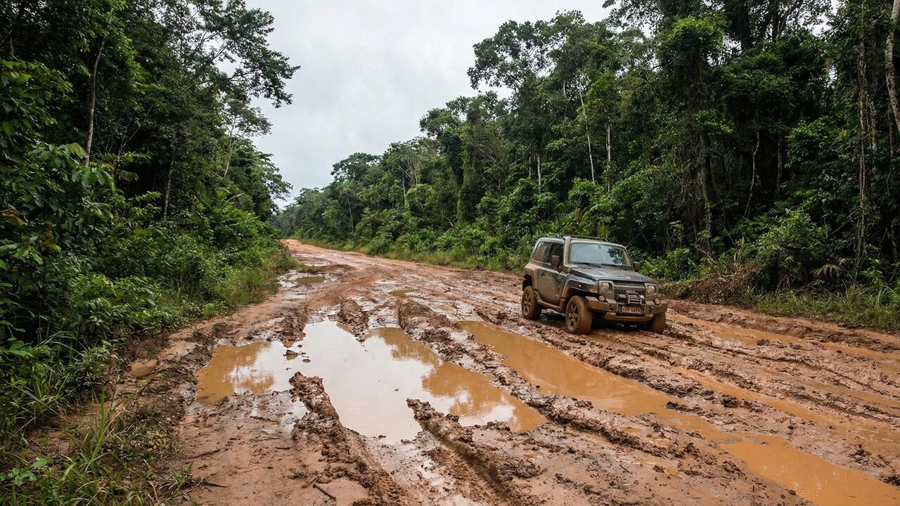 Projetada para ter 8.000 km a Transamazônica ainda possui 1.750 km não pavimentados que se tornam lamaçais intransitáveis 6 meses por ano