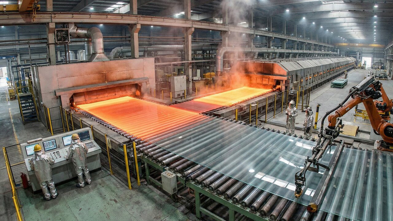 Com areia de sílica derretida a 1.700°C e um banho de estanho: é assim que a indústria transforma grãos em placas de vidro plano