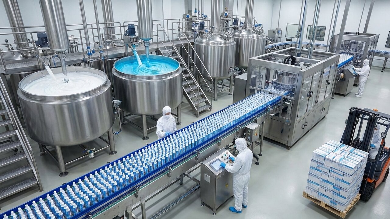 Uma mistura precisa de sílica e flúor em tanques gigantes: é assim que o creme dental é produzido em larga escala