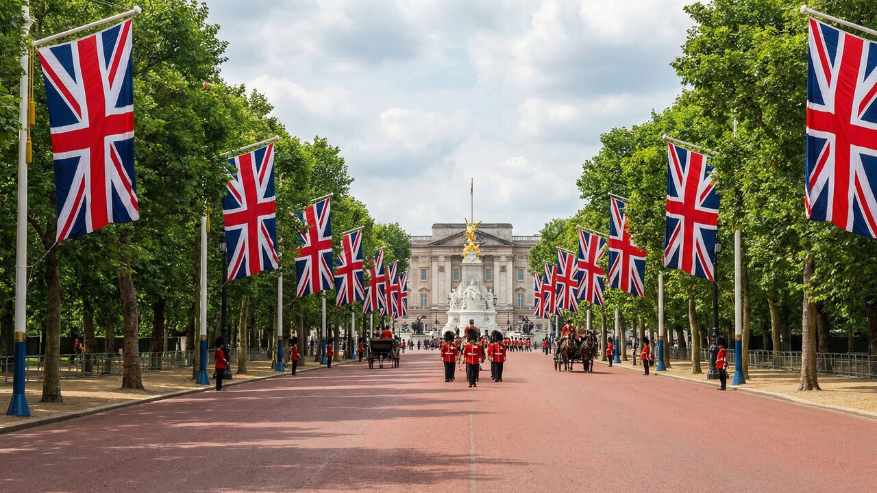 Com 1,1 km e asfalto vermelho para procissões reais, a avenida The Mall une o Palácio de Buckingham à Trafalgar Square em Londres