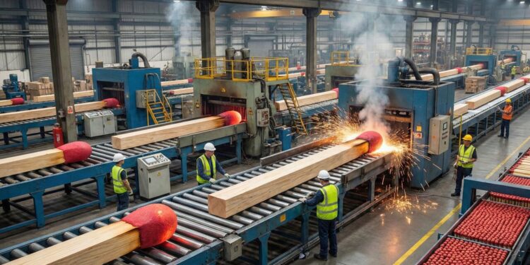 Um rolo de madeira entra em uma máquina e sai como 10.000 palitos de fósforo por minuto