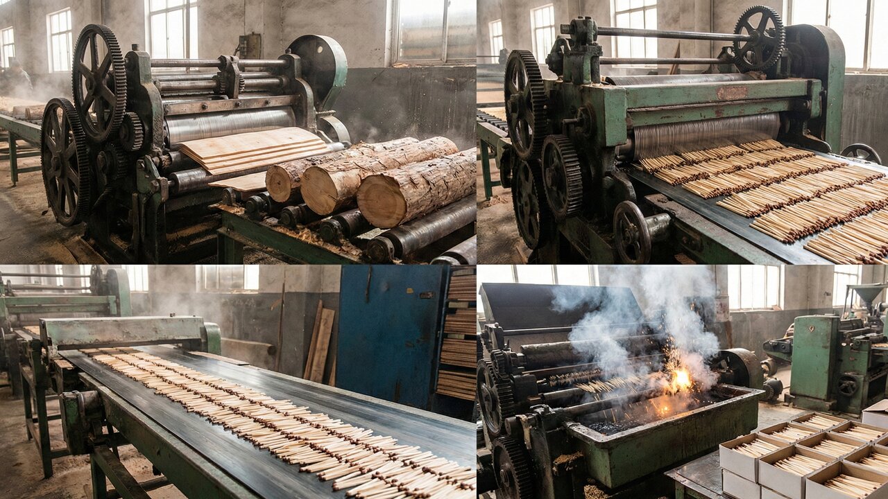 Um rolo de madeira entra em uma máquina e sai como 10.000 palitos de fósforo por minuto